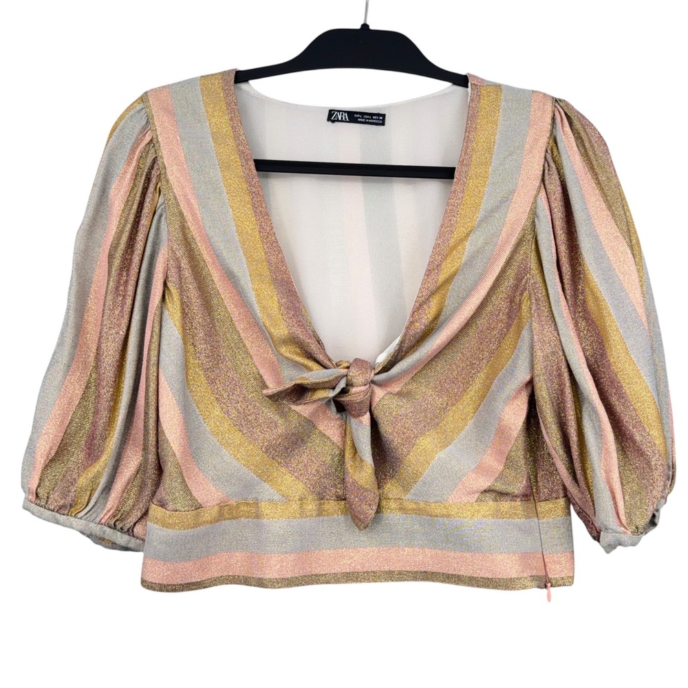 Zara Metallic Striped Tie Front Blouse Womens L Gold Silver Pink Crop Top